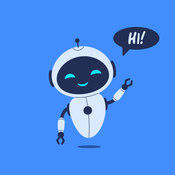 stockillustraties, clipart, cartoons en iconen met cute robot saying hello. vector illustration on blue background for friendly ai designs and chatbot concepts - robot