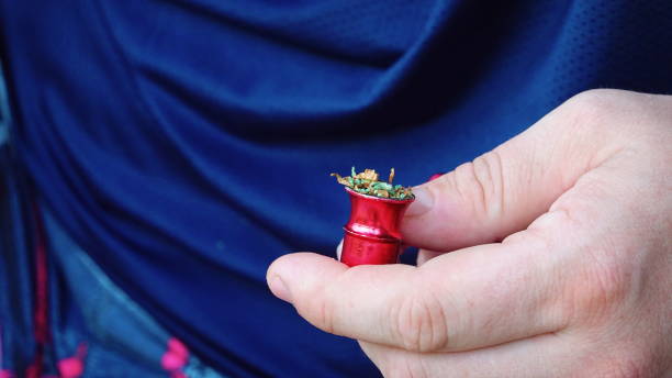istock Hand Holding Red Metal Container Filled With Dried Herbs Close-Up Against Blue Background 2175654119