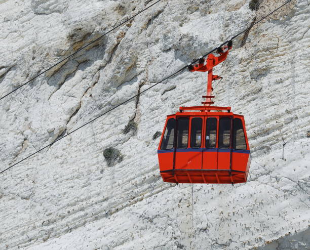 istock Red Van. Cable Car on the background of white chalk cliffs. Transport design 2175654153