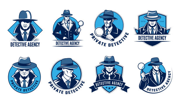 bildbanksillustrationer, clip art samt tecknat material och ikoner med detective agency. abstract emblems or logos for special agents recent vector templates with place for text - detektiv