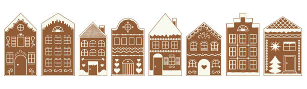 Set of Gingerbread house cookies with icing ornament. Christmas ginger village. Sweet biscuit holiday decoration. Vector illustration