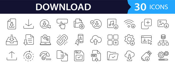laden sie einen satz von websymbolen im linienstil herunter. hochladen und herunterladen der linearen symbolsammlung. enthält pfeil, link, ordner, download-datei, cloud-speicher und web-schaltfläche. bearbeitbarer strich - herunterladen stock-grafiken, -clipart, -cartoons und -symbole