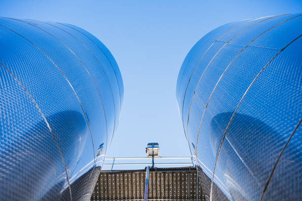 Wine steel tanks, equipment of contemporary winemaker factory.