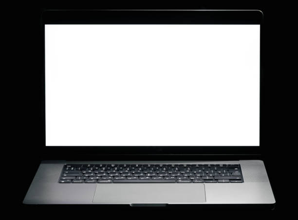 istock Modern laptop with blank white screen isolated on black background. Close up. 2175663060