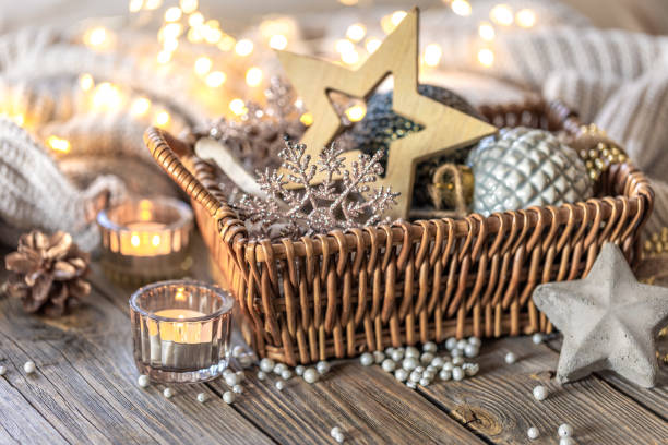 istock Christmas decorations in a basket. Composition with Christmas decorations. 2175663256