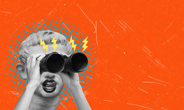 istock Modern art collage featuring marble head and hand with binoculars on red background with copy space. 2175665277
