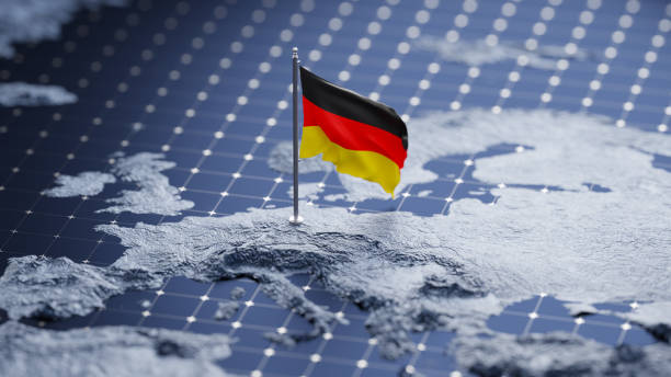 Flag of Germany waving on pole on the 3d topographic map surface and abstract background with a grid