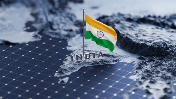 Flag of India waving on pole on the 3d topographic map surface and abstract background with a grid