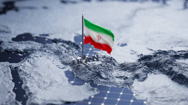 istock Flag of Iran waving on pole on the 3d topographic map surface and abstract background with a grid 2175670164