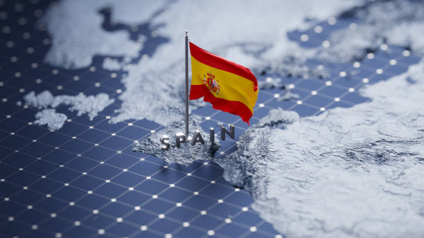 Flag of Spain waving on pole on the 3d topographic map surface and abstract background with a grid