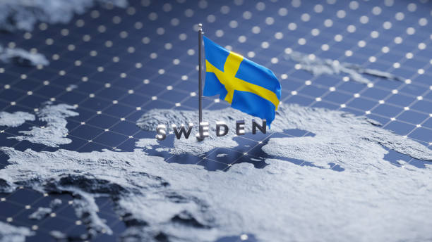 istock Flag of Sweden waving on pole on the 3d topographic map surface and abstract background with a grid 2175671237