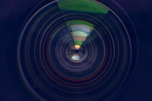 istock Camera lens on black background. Aperture blades. Camera lens close up 2175681563