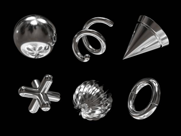 istock 3D rendering of a set of geometric objects, icons, chrome elements isolated on a black background. 2175682234