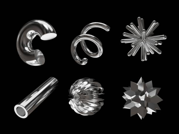 istock 3D rendering of a set of geometric objects, icons, chrome elements isolated on a black background. 2175682239
