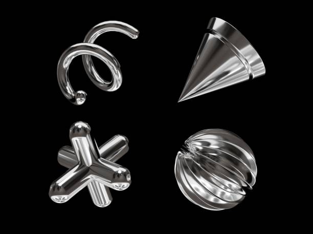 istock 3D rendering of a set of geometric objects, icons, chrome elements isolated on a black background. 2175682252