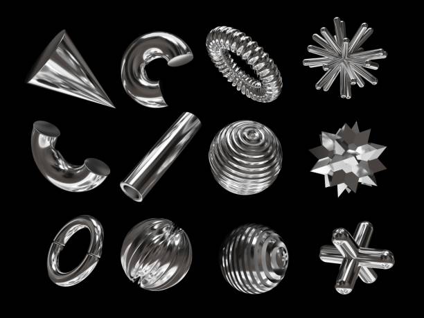 istock 3D rendering of a set of geometric objects, icons, chrome elements isolated on a black background. 2175682270