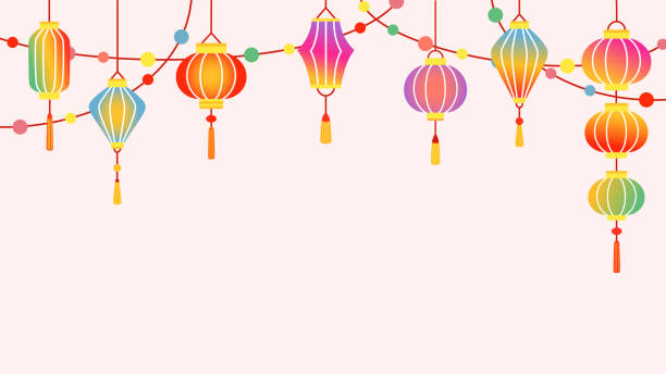istock Chinese colored holiday lanterns with garland on pink background. 2175685502