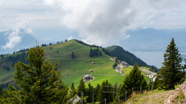 Lucerne, Switzerland - September 3, 2024: Mt Rigi is a mountain of Swiss Alps in Lucerne area famous for panoramic views of surrounding mountains and lakes, as well as cogwheel train ride to the summit