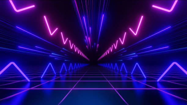 istock 3d Render, High speed technology with neon fast light trails reflected to floor on dark background, abstract futuristic scene. 2175688164