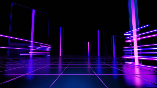 istock 3d Render, Futuristic Neon light reflect floor on dark background, abstract fast technology of digital network. 2175688167