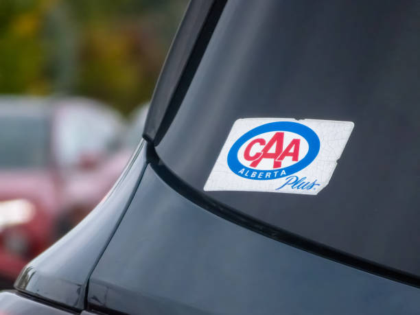 Calgary, Alberta, Canada. Sep 29, 2024. A Canadian Automobile Association or CAA Plus sticker on a car a membership for a roadside assistance.