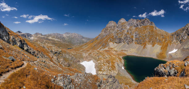 Small figures of tourists against the backdrop of mountains and a beautiful lake.