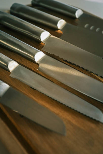 istock Casting steel various chef knife, Set of modern sharp kitchen knives on light background 2175691989