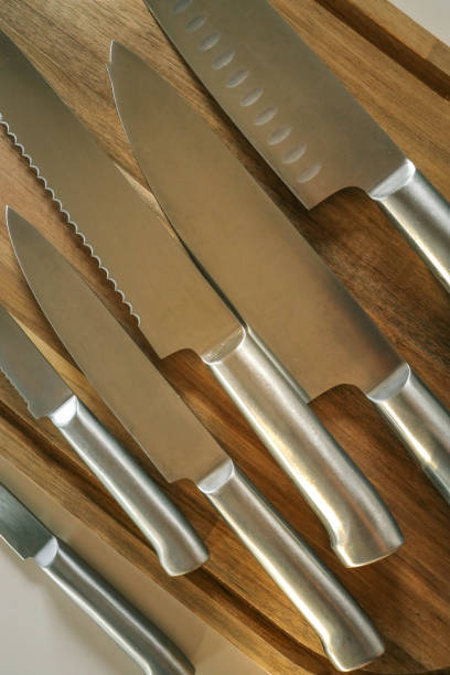 istock Casting steel various chef knife, Set of modern sharp kitchen knives on light background 2175691991