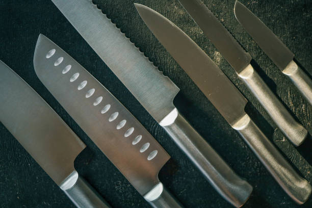 istock Casting steel various chef knife, Set of modern sharp kitchen knives on dark background 2175692013