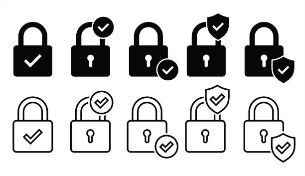 Set of security lock icons. Circle and shield with lock icon with check mark. Security lock, cyber defence. Vector 10 eps. Set of security lock icons. Circle and shield with lock icon with check mark. Security lock, cyber defence. Vector 10 eps. padlock stock illustrations