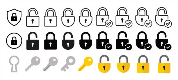 stockillustraties, clipart, cartoons en iconen met key, padlock and keyhole icon set. vector 10eps. - slot beveiligingsapparatuur