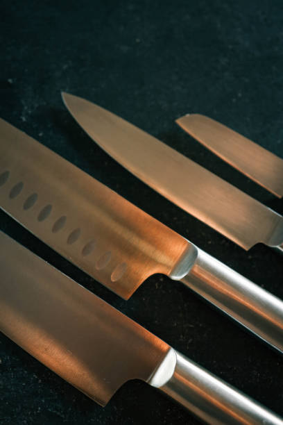 istock Casting steel various chef knife, Set of modern sharp kitchen knives on dark background 2175692172