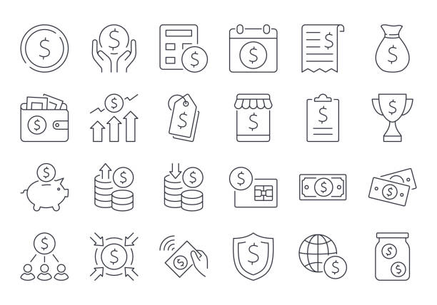 Vector icons money. US currency dollar, bills and coins. Bank account invoice, online credit card payments, deposit and cash advances. Rate decrease and increase, wallet, prize. Editable stroke line. Vector icons money. US currency dollar, bills and coins. Payment and budget, bank account and invoice. Online credit card payments, deposit and cash advances. Rate decrease and increase, wallet and win cash prize. Editable stroke thin line black set coin outline stock illustrations