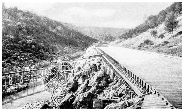 Antique image: Gold prospectors in California, Method of raising seepage water from river bed