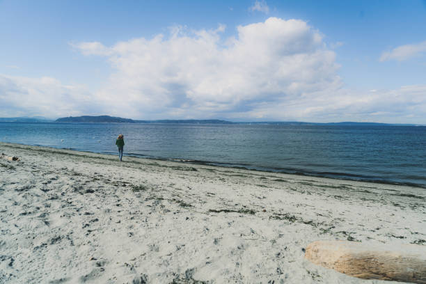A woman walks on a beach in Seattle Washington State.  She resolutely walks into her future with vision and purpose.  This was taken at Alki Beach.
