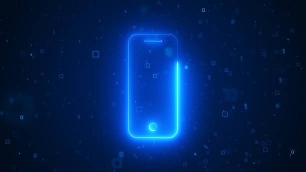 A classic telephone receiver icon, outlined in glowing neon and emitting sound waves to indicate a call. The vibrant pink, purple, and blue gradient gives it a modern, high-tech feel, set against a dark digital background with a binary code pattern. This universally understood symbol is perfect for \