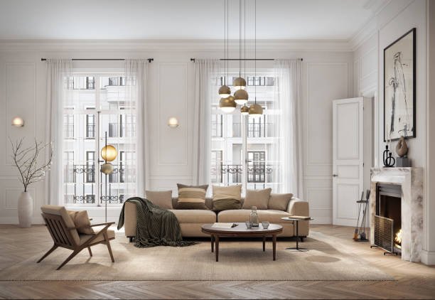 istock Bright Living Room with Fireplace and Scandinavian Design 2175713697