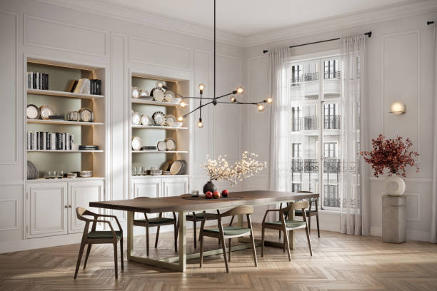 istock Dining Room with Open Shelving and Modern Lighting 2175713728
