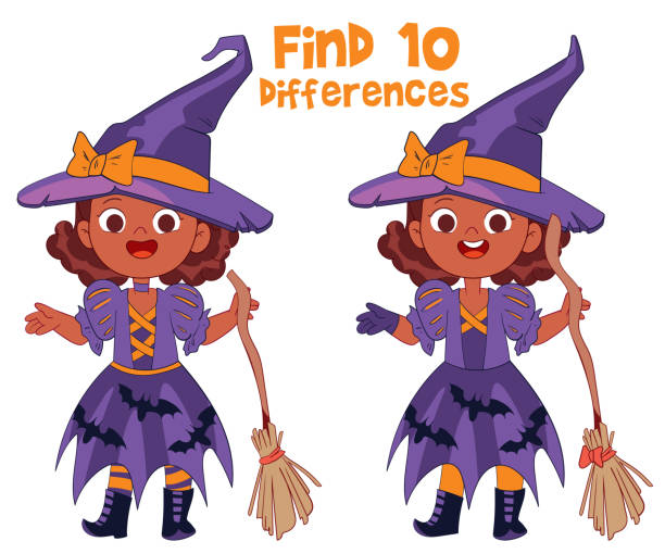 Find 10 differences in the picture. Girl Witch. Educational game for kids Find 10 differences in the picture. Girl Witch. Educational game for kids. Attention task. Funny cartoon character. Worksheet page. Vector illustration. Isolated on white background school mascot costume stock illustrations