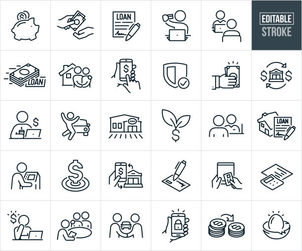 Banking Thin Line Icons - Editable Stroke A set of banking icons that include editable strokes or outlines using the EPS vector file. The icons include a piggy bank, hands exchanging cash, loan document, person doing online banking from computer, loan officer and a customer, cash loan, couple in front of their new house, online banking from smartphone, online secure banking, mortgage loan, person at computer with coffee doing online banking, person jumping for joy over new car after getting financing from the bank, bank savings growth, bank teller, customer using bank ATM machine, money goals, mobile banking, signing a check, online banking from tablet PC, calculator with graphs, couple meeting with loan officer, two people shaking hands over car purchase, online secure banking from mobile device and a nest egg. exchange teller stock illustrations
