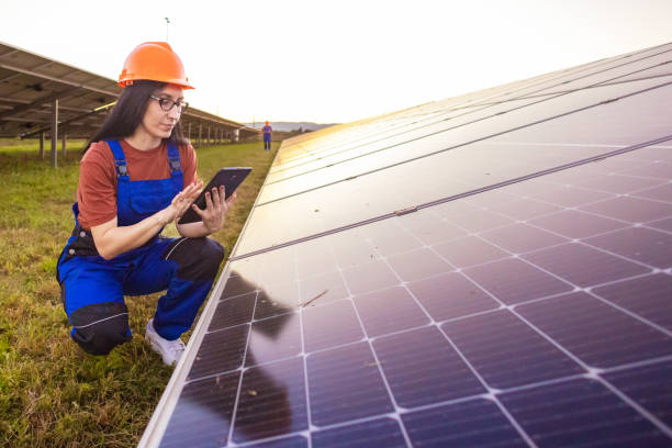 istock Woman Inspecting Solar Panels in Field 2175725160