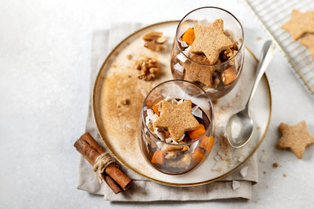 istock Chocolate cinnamon fruit mousse in glasses on table high angle view 2175730362
