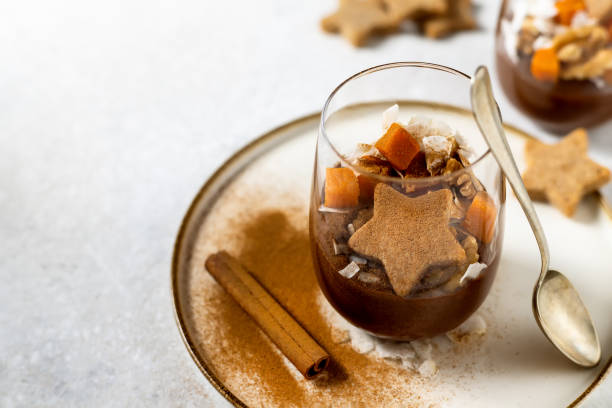 istock Cold cream dessert with cookies in glass front view 2175730365
