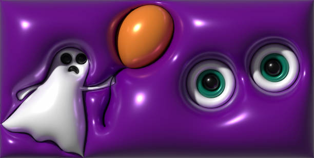 Ghost under white sheet flying on orange balloon, 3D rendering illustration