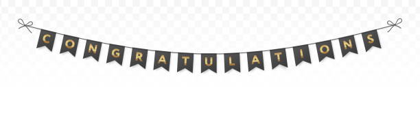 istock Congratulations card concept, typography design. Golden streamers, hanging paper flag garland. Realistic party banner, gold, black color. Celebration bunting mockup. Vector 2175738245