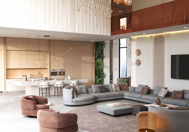 istock Modern and spacious living room featuring stylish and contemporary design elements, 3d rendering 2175739580