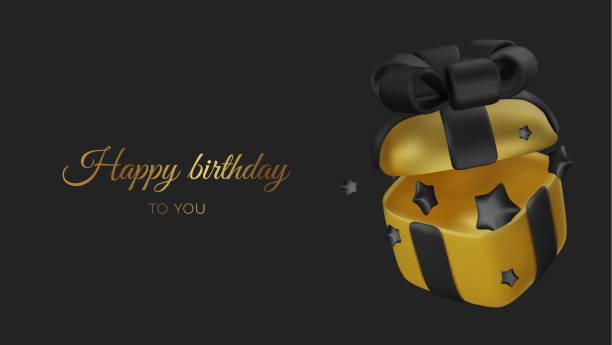 istock Opened realistic gold gift box with black bow and star. Happy birthday. Vector illustration 2175756855