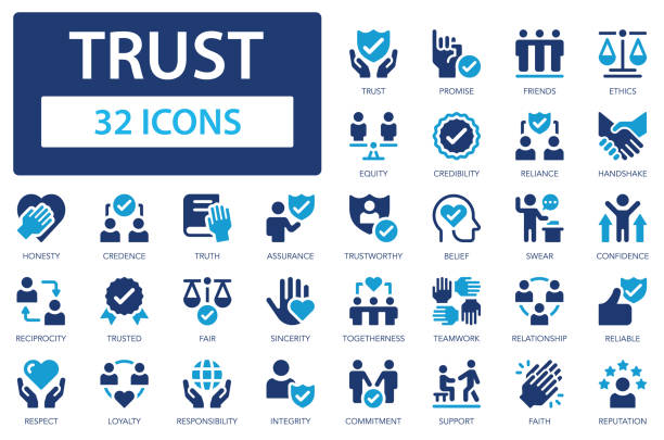 trust icon set. containing confidence, honesty, credibility, sincerity, competence, credence, assurance, friends, truth, faith, sincerity. - temiz stock illustrations