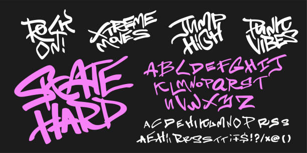 Youthful font with skater quotes. Marker graffiti street art font dynamic bold strokes, spirited expressive headline, youth urban vibe. Art typo design. Vector typeset Youthful font with skater quotes. Marker graffiti street art font dynamic bold strokes, spirited expressive headline, youth urban vibe. Art typo design. Vector typeset. marker font alphabet stock illustrations