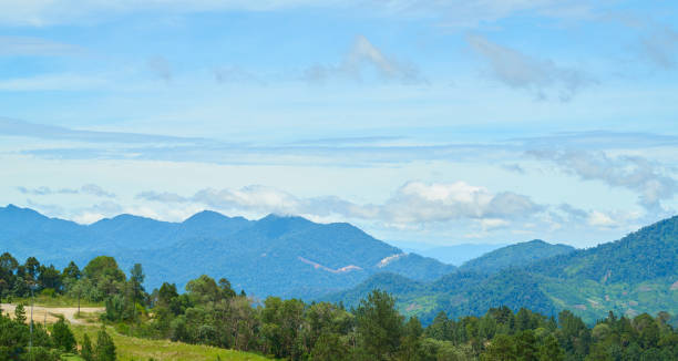 istock Breathtaking panoramic landscape of mountains covered with forest under blue sky 2175797629